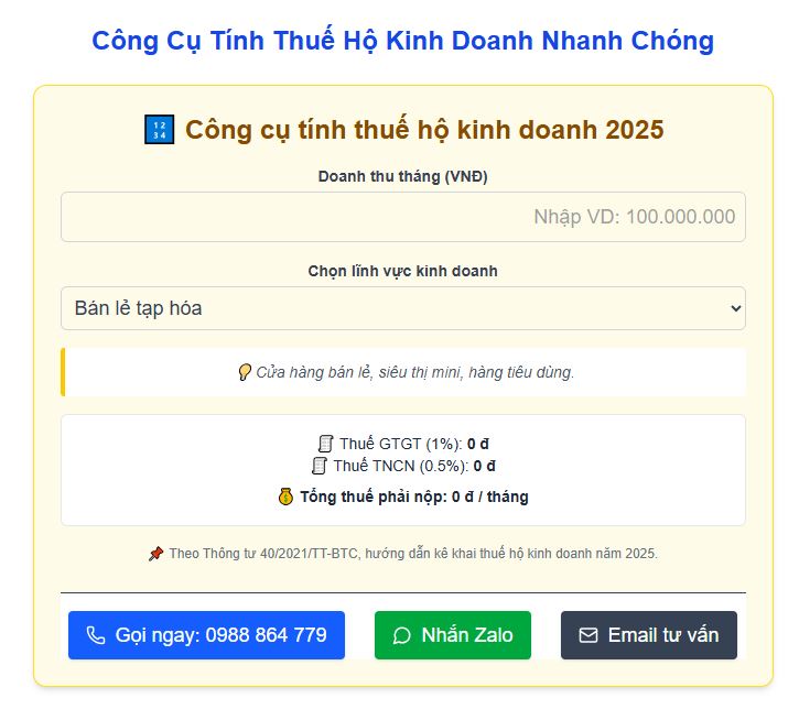 công cụ tính thuế hộ kinh doanh nhỏ lẻ